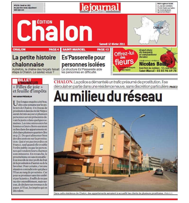 La Une du JSL le 12 février 2011, mettant en avant le reportage dans un des immeubles de Chalon où un réseau de prostitution avait implanté ses activités. Photo d'archives JSL/Sarah FRÉQUELIN